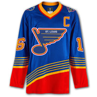 Brett Hull autographed St. Louis Blues Fanatics Vintage Hockey jersey front with blue vintage styling, captain C, Blues crest and number 16 on the sleeves