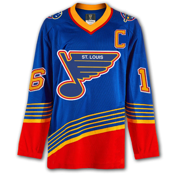 Brett Hull autographed St. Louis Blues Fanatics Vintage Hockey jersey front with blue vintage styling, captain C, Blues crest and number 16 on the sleeves