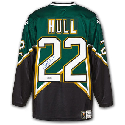 Brett Hull Dallas Stars Fanatics vintage autographed jersey, green, with HULL 22 on back; signature located on the number 2.