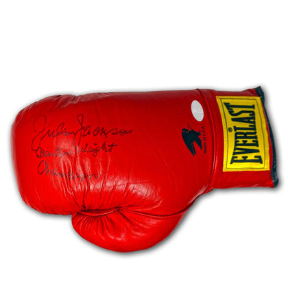 Julian Jackson Bantam Weight Champion signed Everlast boxing glove, featuring a visible autograph, perfect for memorabilia displays.