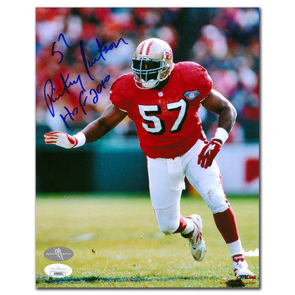 Rickey Jackson 49ers signed and inscribed 8x10 photo, featuring HOF autograph, with JSA COA included; unframed collectible.