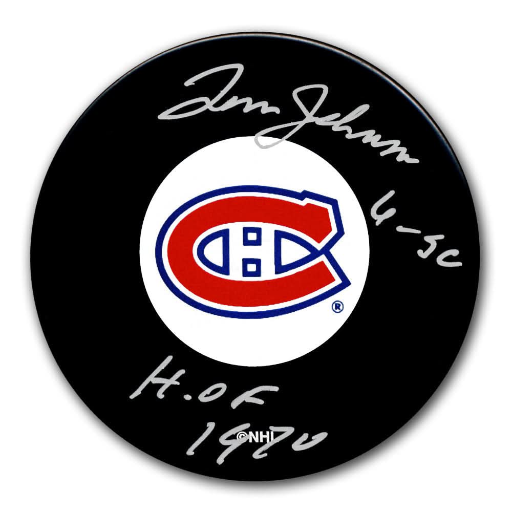 Authentic Tom Johnson Montreal Canadiens HOF 6 Cups Original 6 Autographed Puck - SportAuthentix