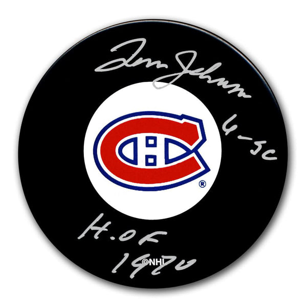 Authentic Tom Johnson Montreal Canadiens HOF 6 Cups Original 6 Autographed Puck - SportAuthentix