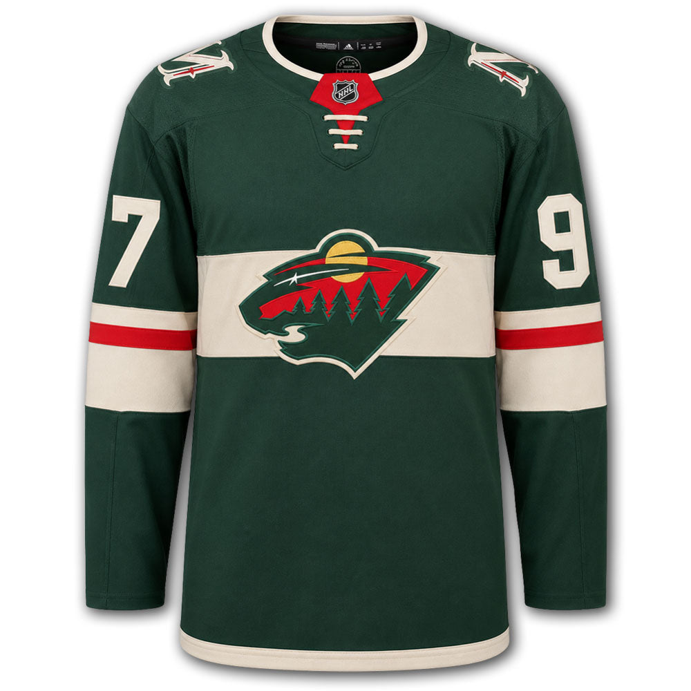 Kirill Kaprizov autographed Minnesota Wild Adidas Pro jersey front with green home styling, Wild crest, NHL shield and number 97 on the sleeves