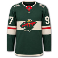 Kirill Kaprizov autographed Minnesota Wild Adidas Pro jersey front with green home styling, Wild crest, NHL shield and number 97 on the sleeves