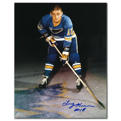 Larry Keenan St. Louis Blues signed 8x10 photo, inscribed and showing him on ice in full uniform with his stick.