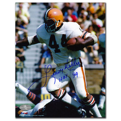 Leroy Kelly autographed 8x10 photo—Cleveland Browns HOF collectible, signed image of #44 leaping in white jersey.