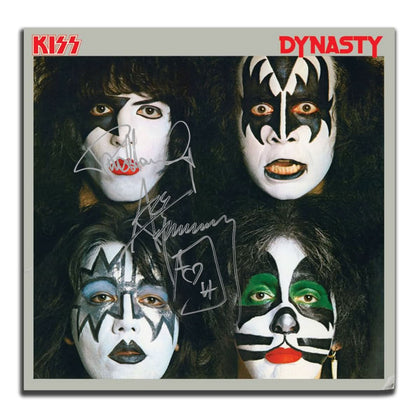 Paul Stanley & Ace Frehley KISS signed Dynasty vinyl LP, autographed record album cover with face paint, BAS COA authentication.