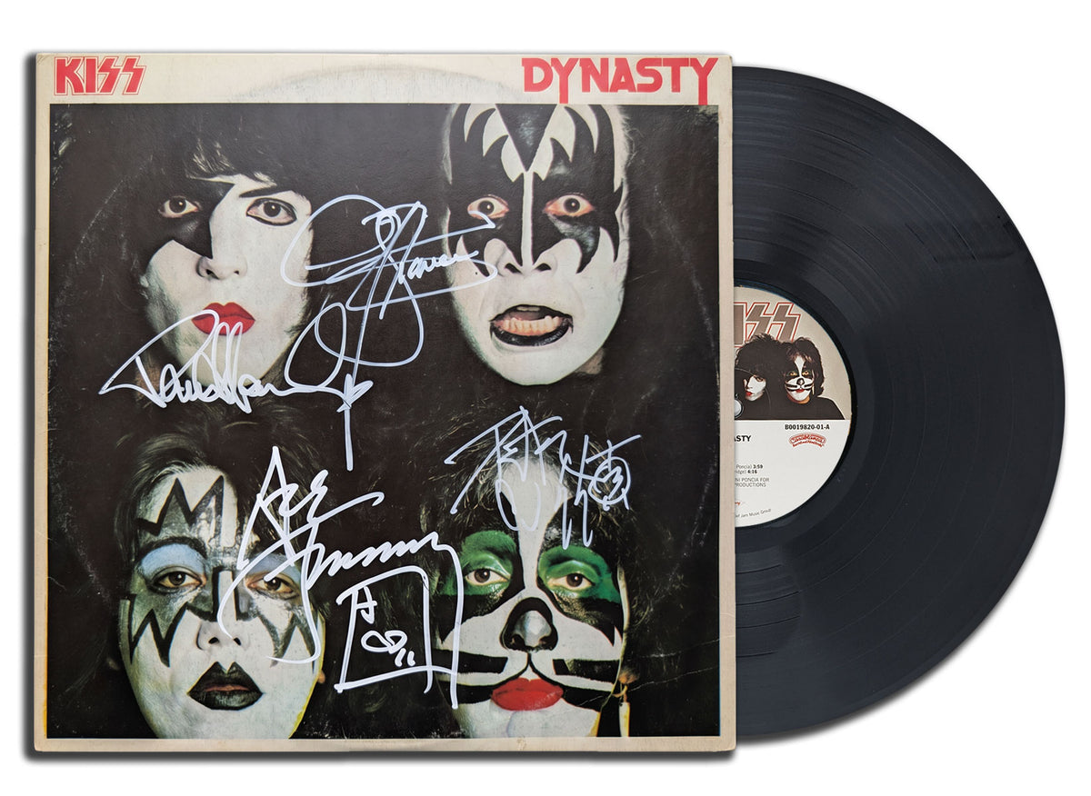 KISS signed Dynasty LP with vinyl record autographed by all 4 original members