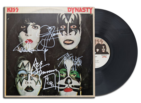 KISS signed Dynasty LP with vinyl record autographed by all 4 original members