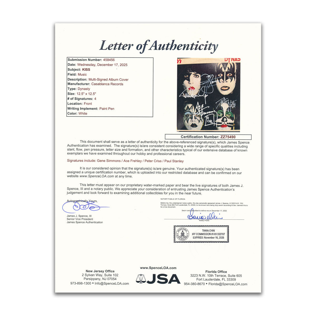JSA Letter of Authenticity for KISS signed Dynasty vinyl record