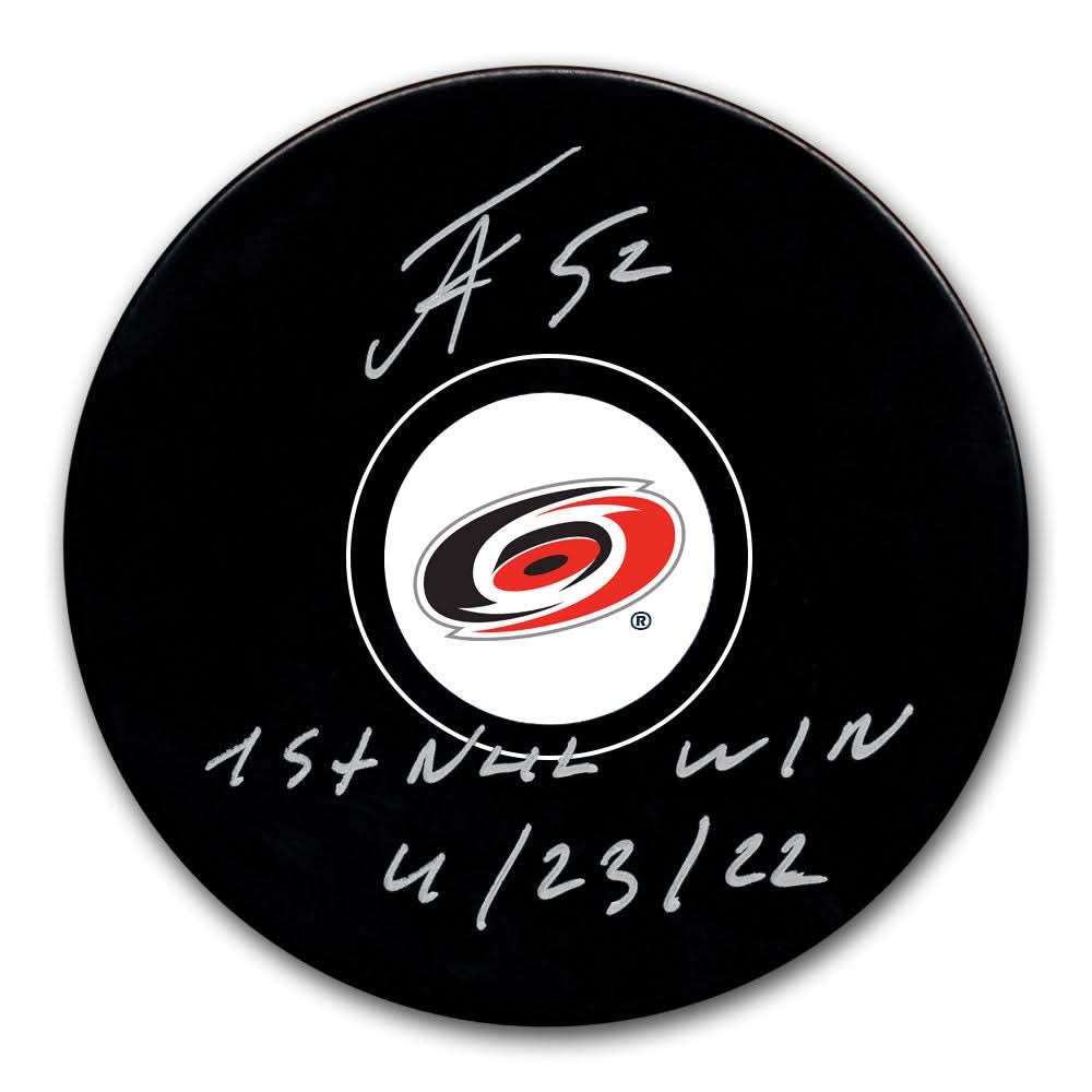 Authentic Pyotr Kochetkov Carolina Hurricanes 1st NHL Win 4/23/22 Autographed Puck - SportAuthentix
