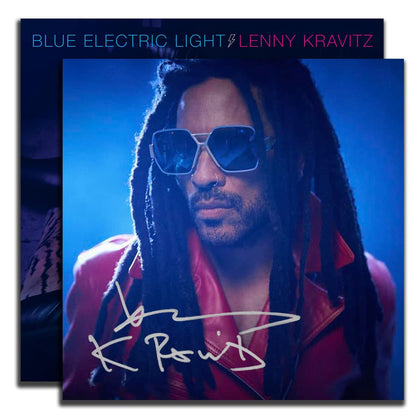 Lenny Kravitz BLUE ELECTRIC LIGHT Vinyl LP with 11x11 hand-signed art print; cover features Kravitz in sunglasses and red jacket.