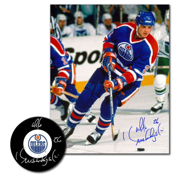 Mike Krushelnyski autographed Edmonton Oilers hockey puck and 8x10 photo combo