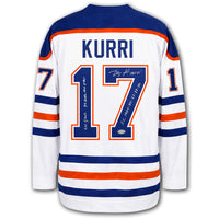 Jari Kurri autographed Edmonton Oilers Mitchell & Ness Pro jersey back with Kurri nameplate, number 17, autograph, career inscriptions and SportAuthentix hologram