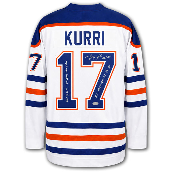 Jari Kurri autographed Edmonton Oilers Mitchell & Ness Pro jersey back with Kurri nameplate, number 17, autograph, career inscriptions and SportAuthentix hologram