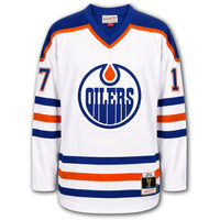 Jari Kurri autographed Edmonton Oilers Mitchell & Ness Pro jersey front with white road styling, Oilers crest, number 17 on the sleeves