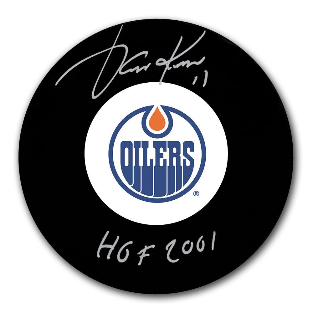 Jari Kurri autographed Edmonton Oilers hockey puck with HOF 2001 inscription