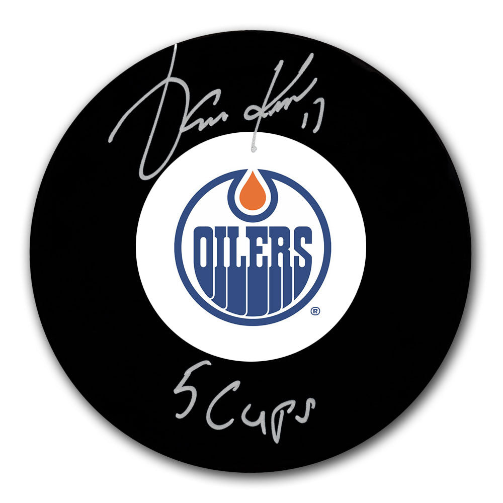 Jari Kurri autographed Edmonton Oilers hockey puck with 5 Cups inscription