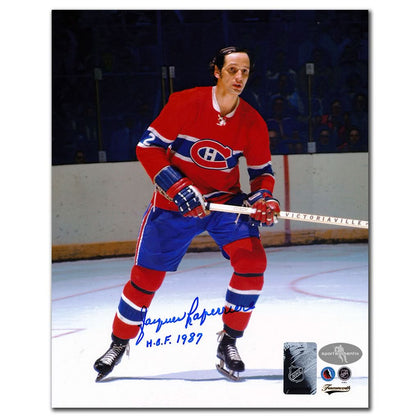 Autographed 8x10 action photo of Jacques Laperriere in Montreal Canadiens gear, featuring team logos and Certificate of Authenticity.