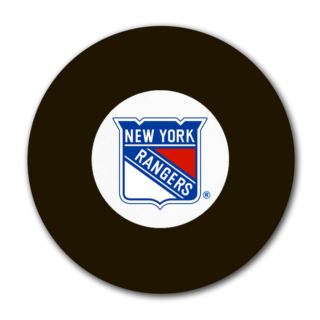 New York Rangers logo hockey puck for Steve Larmer autograph pre-order and hockey memorabilia collection