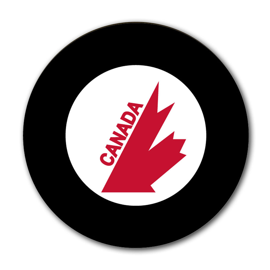 Canada Cup maple leaf logo hockey puck for Steve Larmer autograph pre-order and hockey memorabilia collection