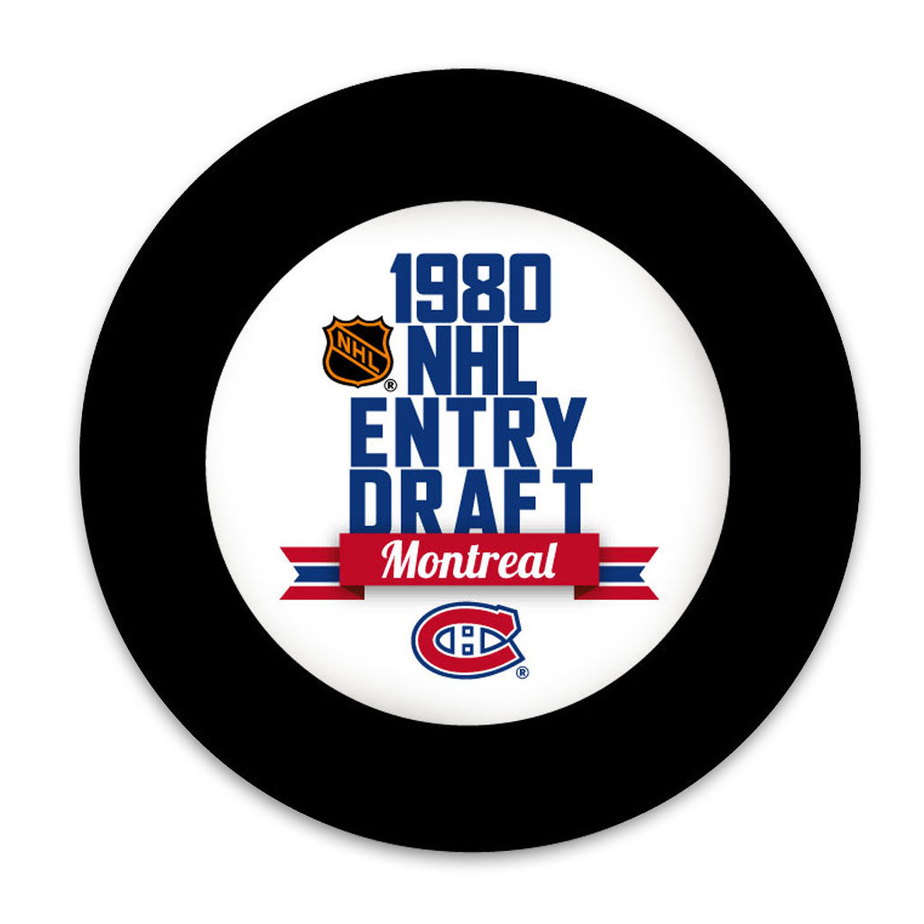 1980 NHL Entry Draft Montreal hockey puck for Steve Larmer autograph pre-order and Chicago Blackhawks memorabilia collection