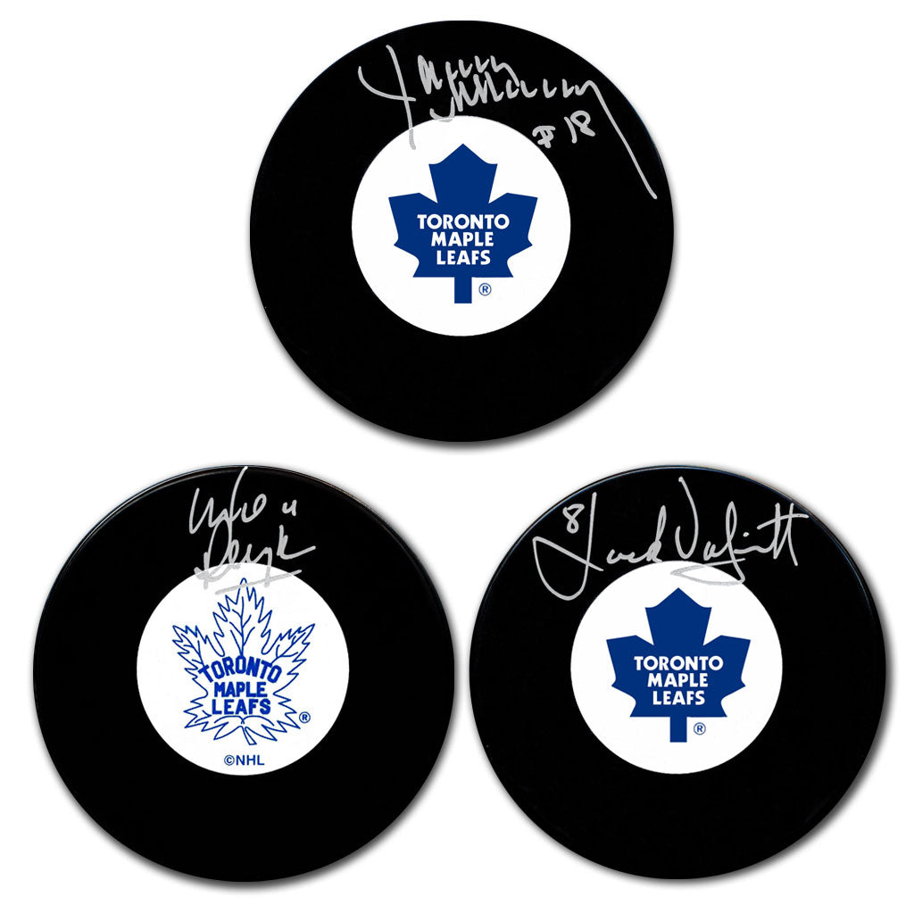 Jim McKenny, Mike Pelyk and Jack Valiquette autographed Toronto Maple Leafs hockey puck bundle