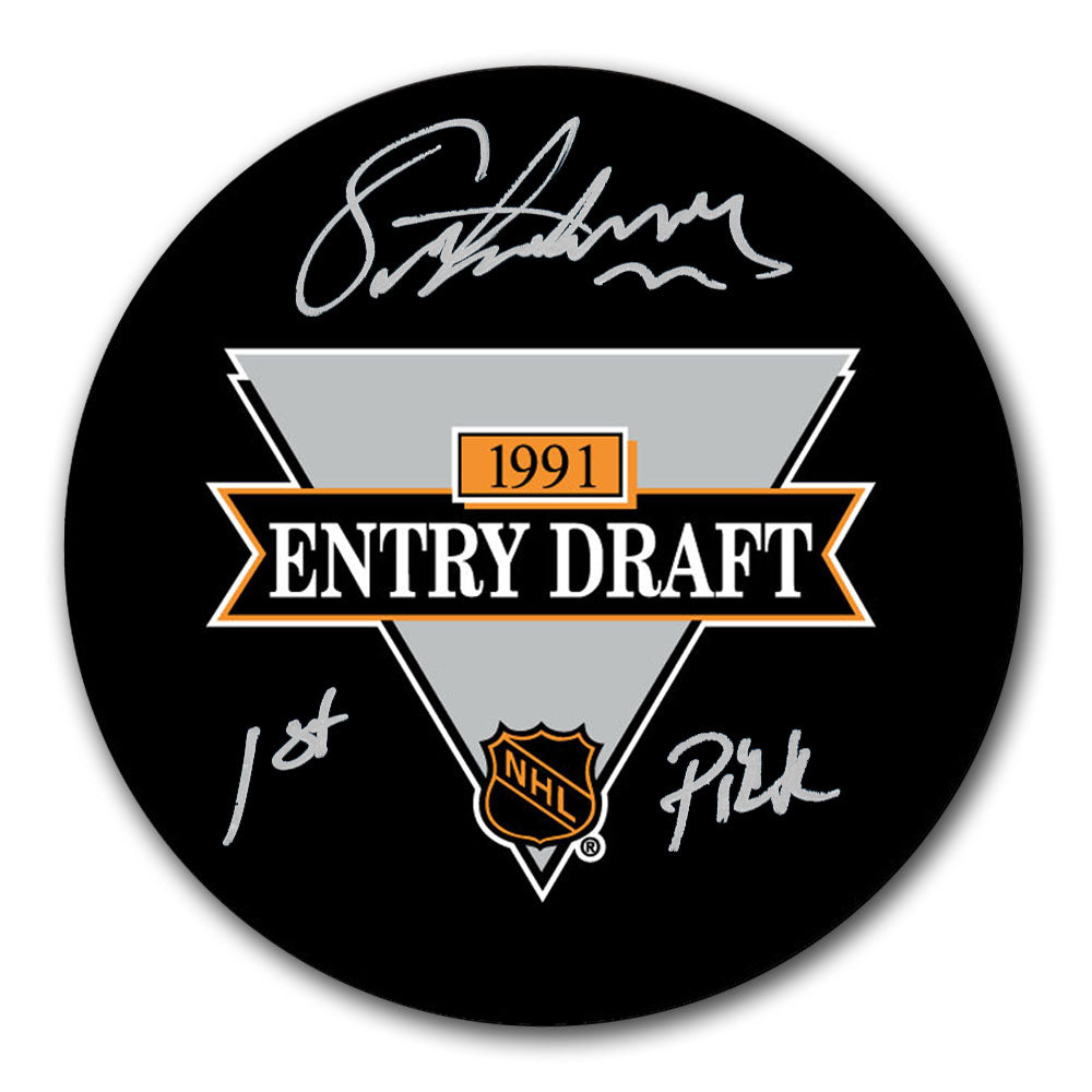 Eric Lindros autographed 1991 NHL Draft hockey puck with 1st Pick inscription