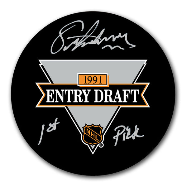 Eric Lindros autographed 1991 NHL Draft hockey puck with 1st Pick inscription