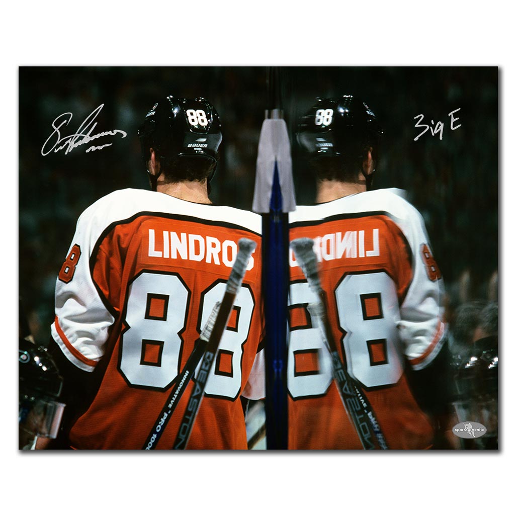 Eric Lindros autographed Philadelphia Flyers 16x20 photo with Big E inscription showing the back of his number 88 jersey