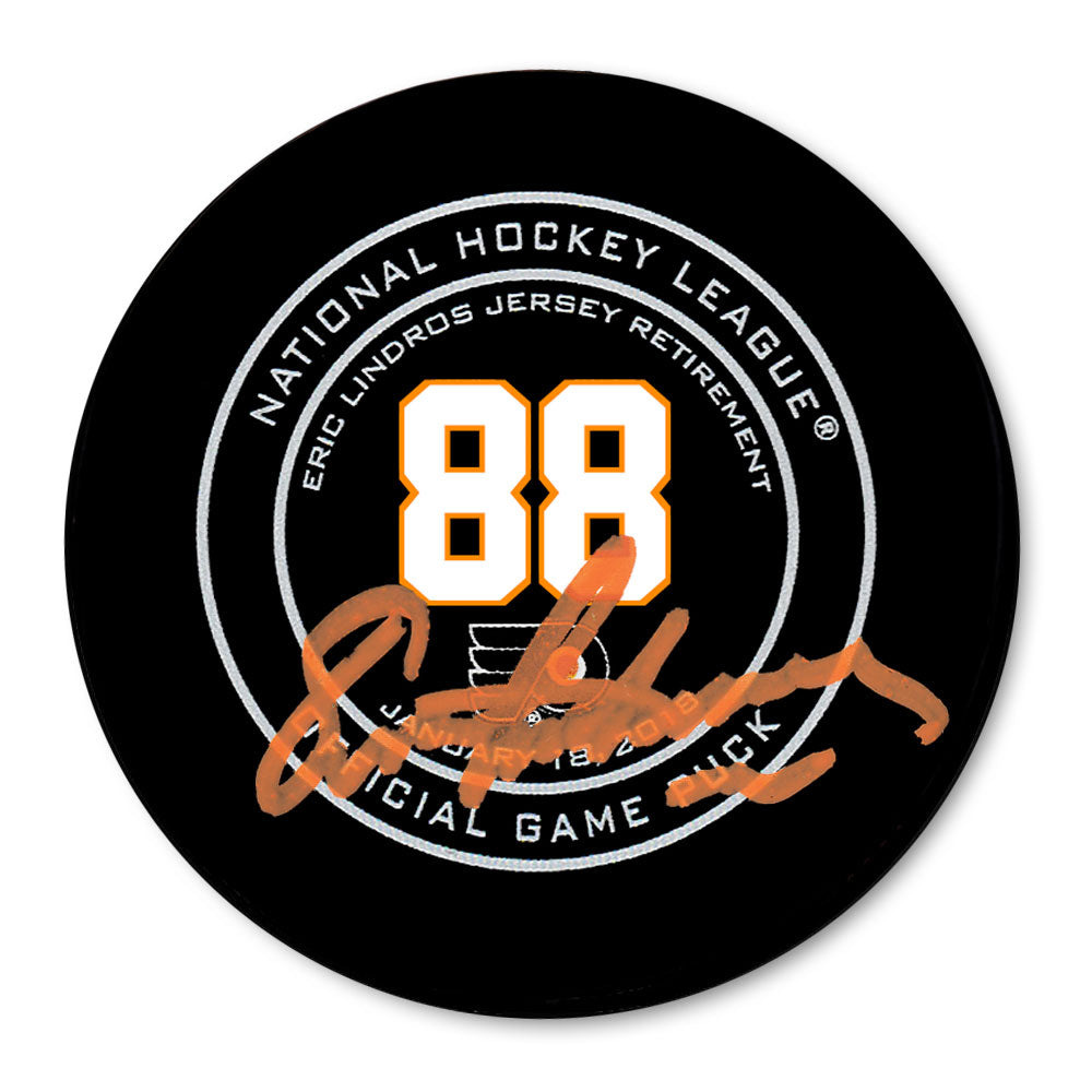 Eric Lindros autographed Philadelphia Flyers official game puck from number 88 jersey retirement
