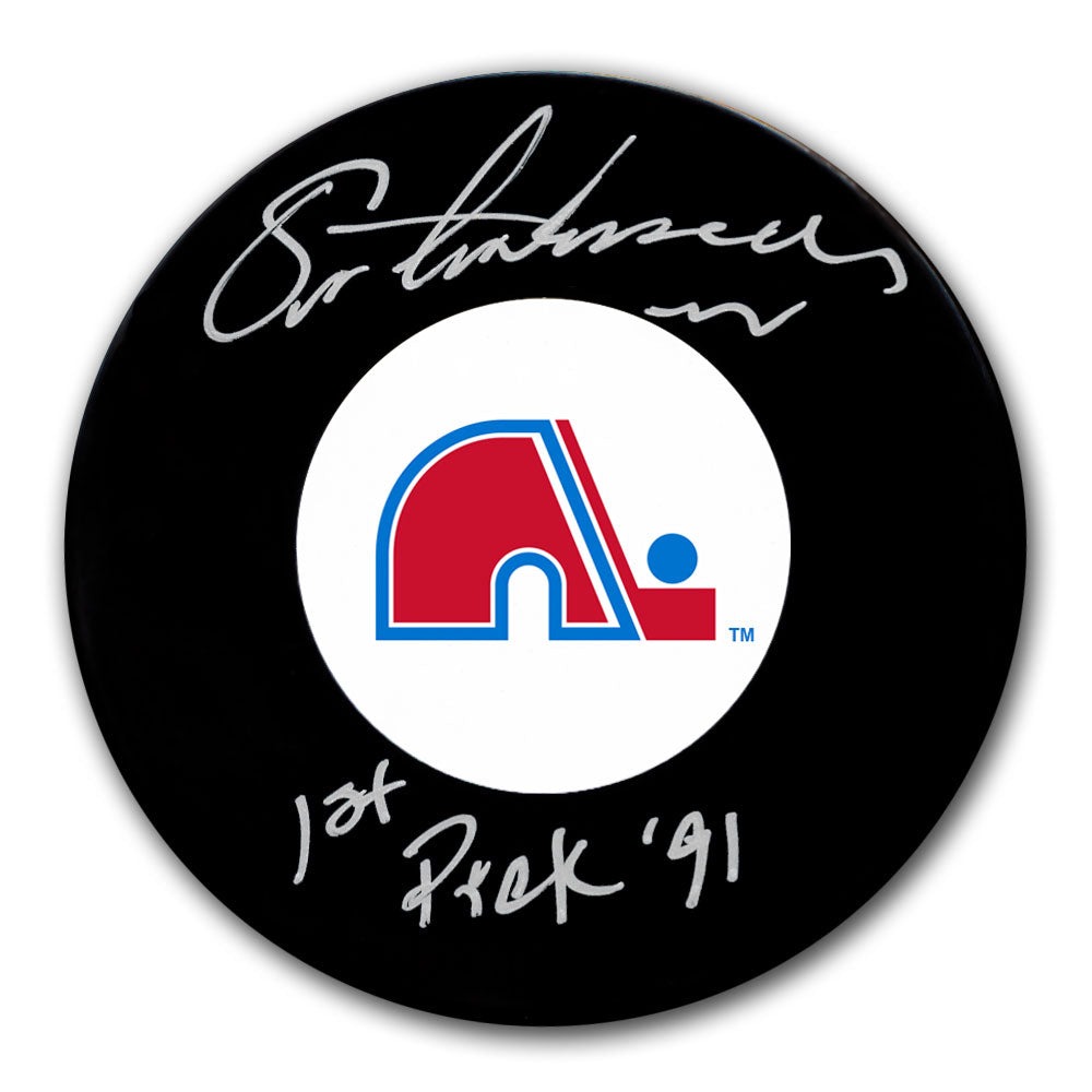 Eric Lindros autographed Quebec Nordiques hockey puck with 1st Pick 91 inscription