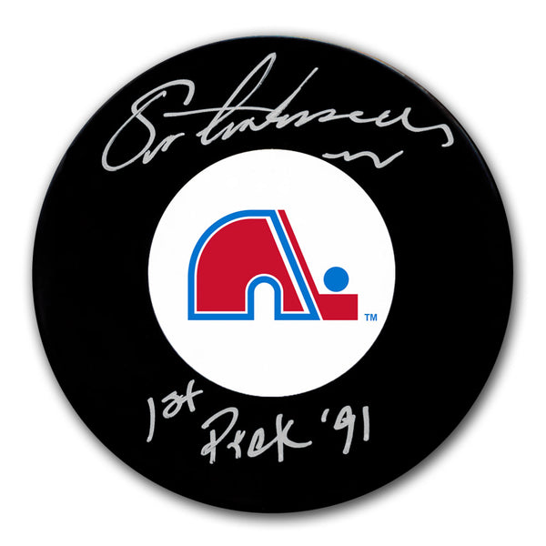 Eric Lindros autographed Quebec Nordiques hockey puck with 1st Pick 91 inscription