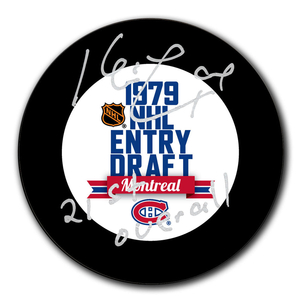 Kevin Lowe autographed 1979 NHL Draft hockey puck with 21st Overall inscription