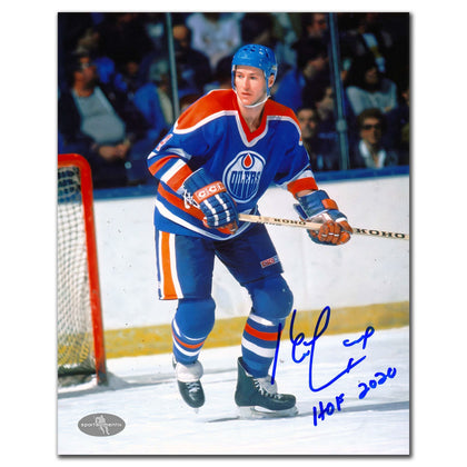 Kevin Lowe Edmonton Oilers HOF signed 8x10 photo, inscribed and autographed, shows him skating in full team uniform.