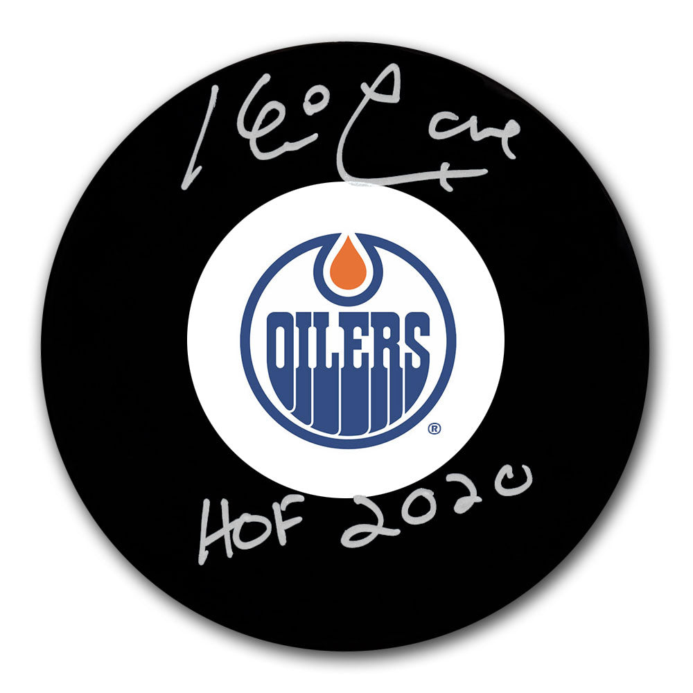 Kevin Lowe autographed Edmonton Oilers hockey puck with HOF 2020 inscription