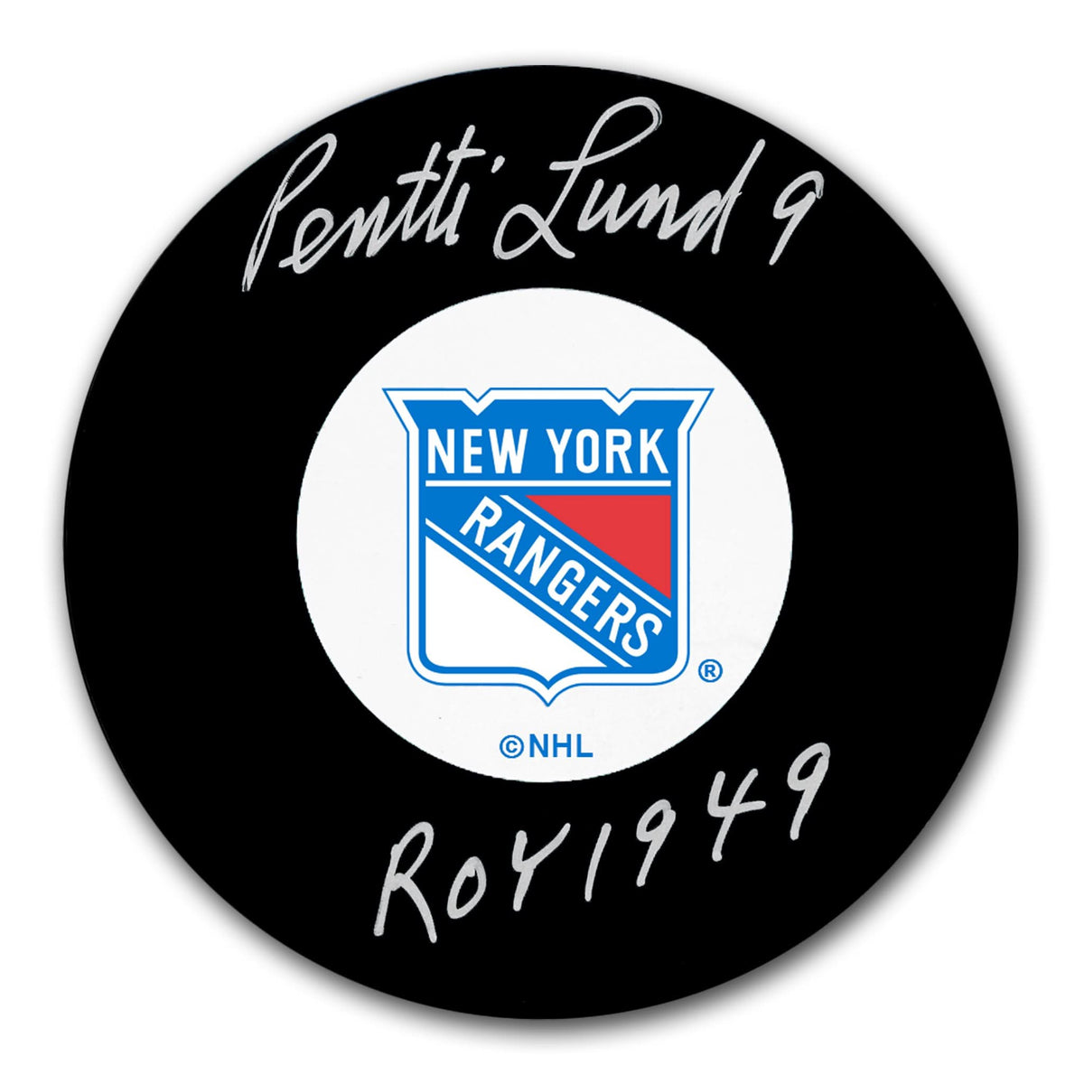 Authentic Pentti Lund New York Rangers 1949 ROY Autographed Puck - SportAuthentix