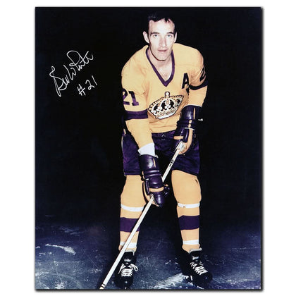 Autographed 8x10 photo of Bill White in a yellow and purple #21 Kings jersey, signed boldly on the image while on the ice.