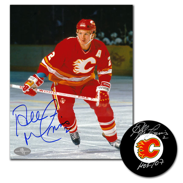 Al MacInnis autographed Calgary Flames hockey puck and 8x10 photo combo with HOF 07 inscription
