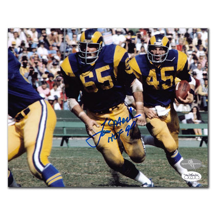 Tom Mack Los Angeles Rams HOF signed 8x10 photo, bold autograph visible—ideal for memorabilia collectors and sports enthusiasts.