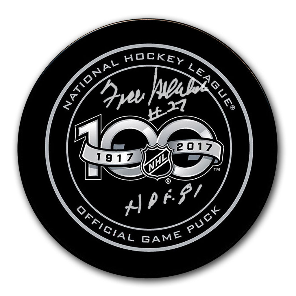 Frank Mahovlich autographed NHL 100 official game puck with player number 27 and HOF 81 inscription