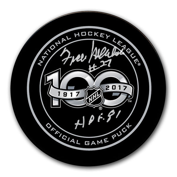 Frank Mahovlich autographed NHL 100 official game puck with player number 27 and HOF 81 inscription