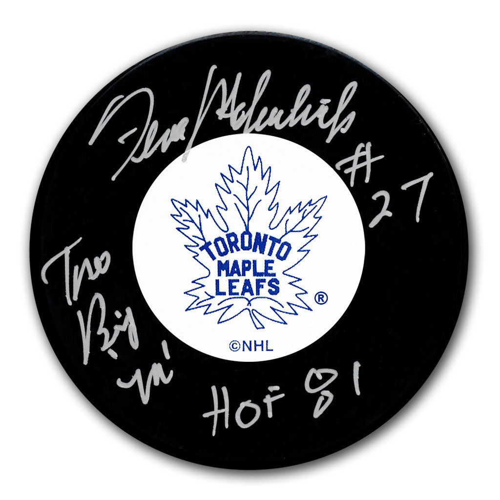 Frank Mahovlich autographed Toronto Maple Leafs hockey puck with HOF 1981 inscription