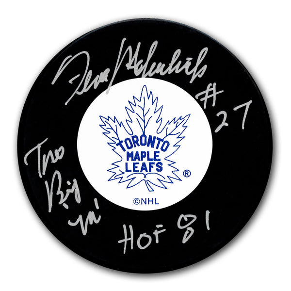 Frank Mahovlich autographed Toronto Maple Leafs hockey puck with HOF 1981 inscription
