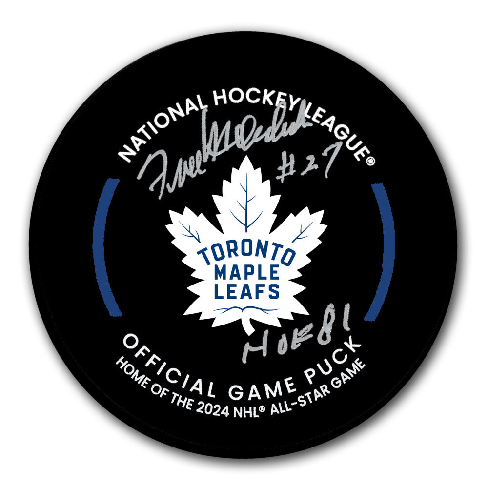 Frank Mahovlich autographed Toronto Maple Leafs official game puck with HOF 81 inscription and player number 27