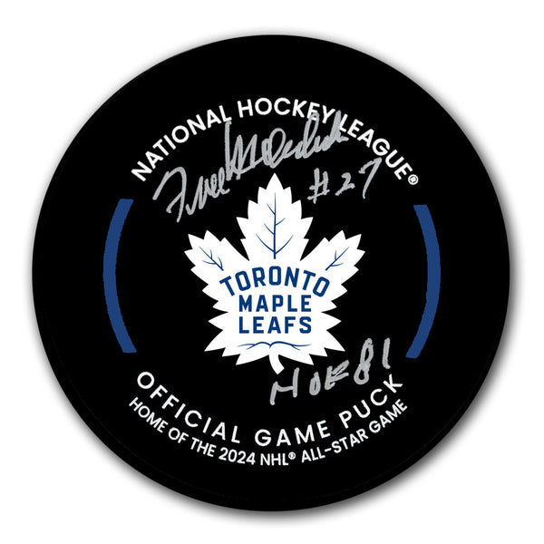 Frank Mahovlich autographed Toronto Maple Leafs official game puck with HOF 81 inscription and player number 27