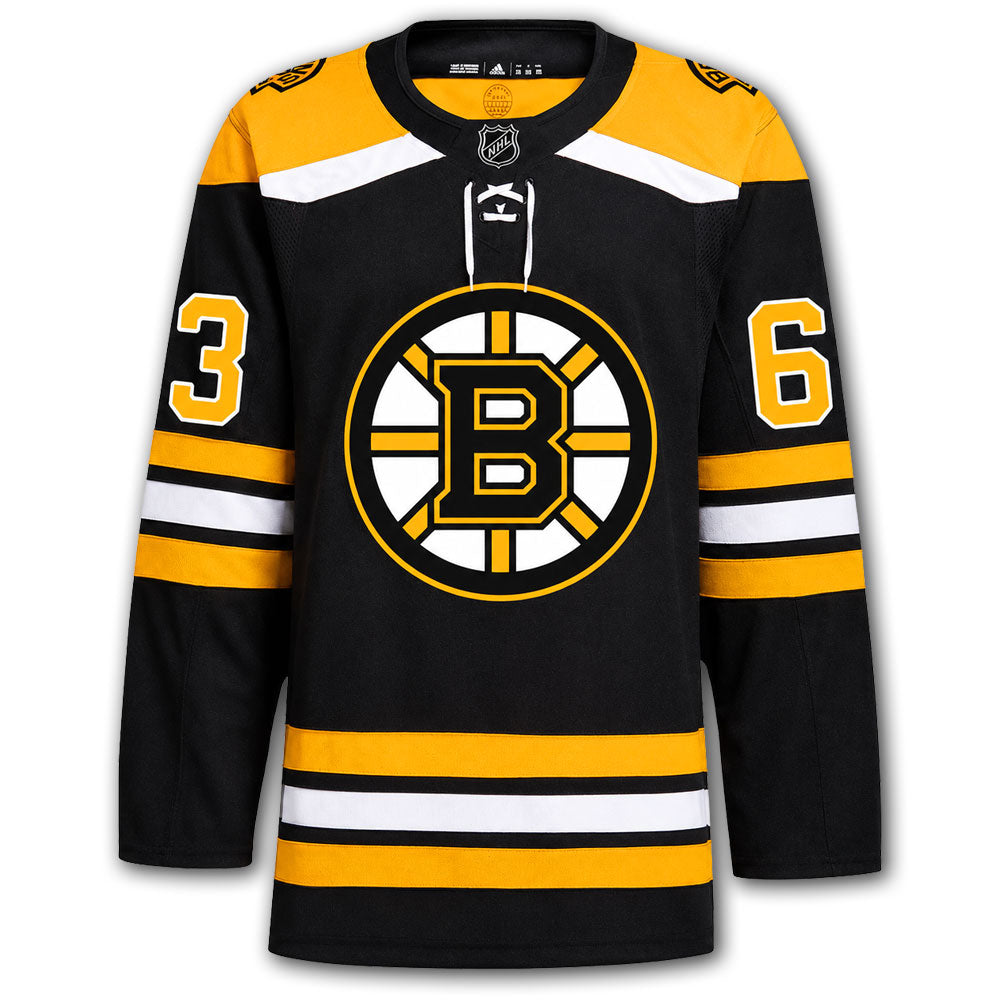 Brad Marchand autographed Boston Bruins Adidas Pro jersey front with black home styling, Bruins crest, NHL shield and number 63 on the sleeves
