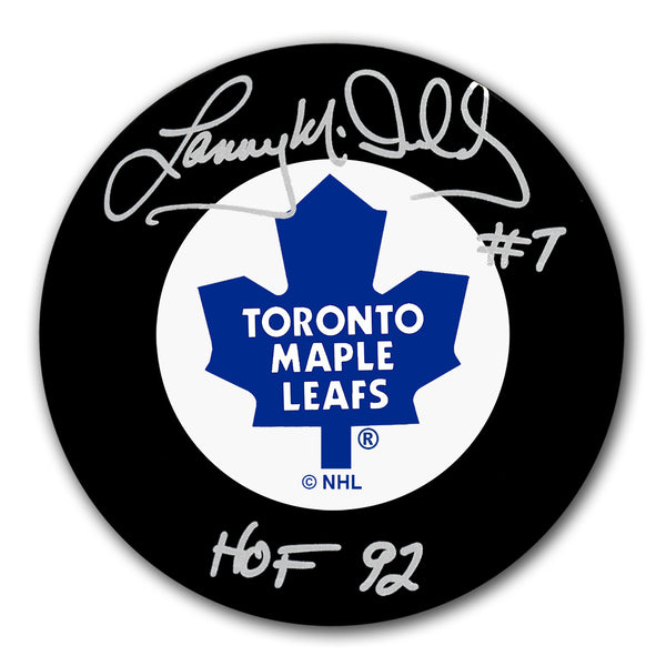 Lanny McDonald autographed Toronto Maple Leafs hockey puck with HOF 92 inscription