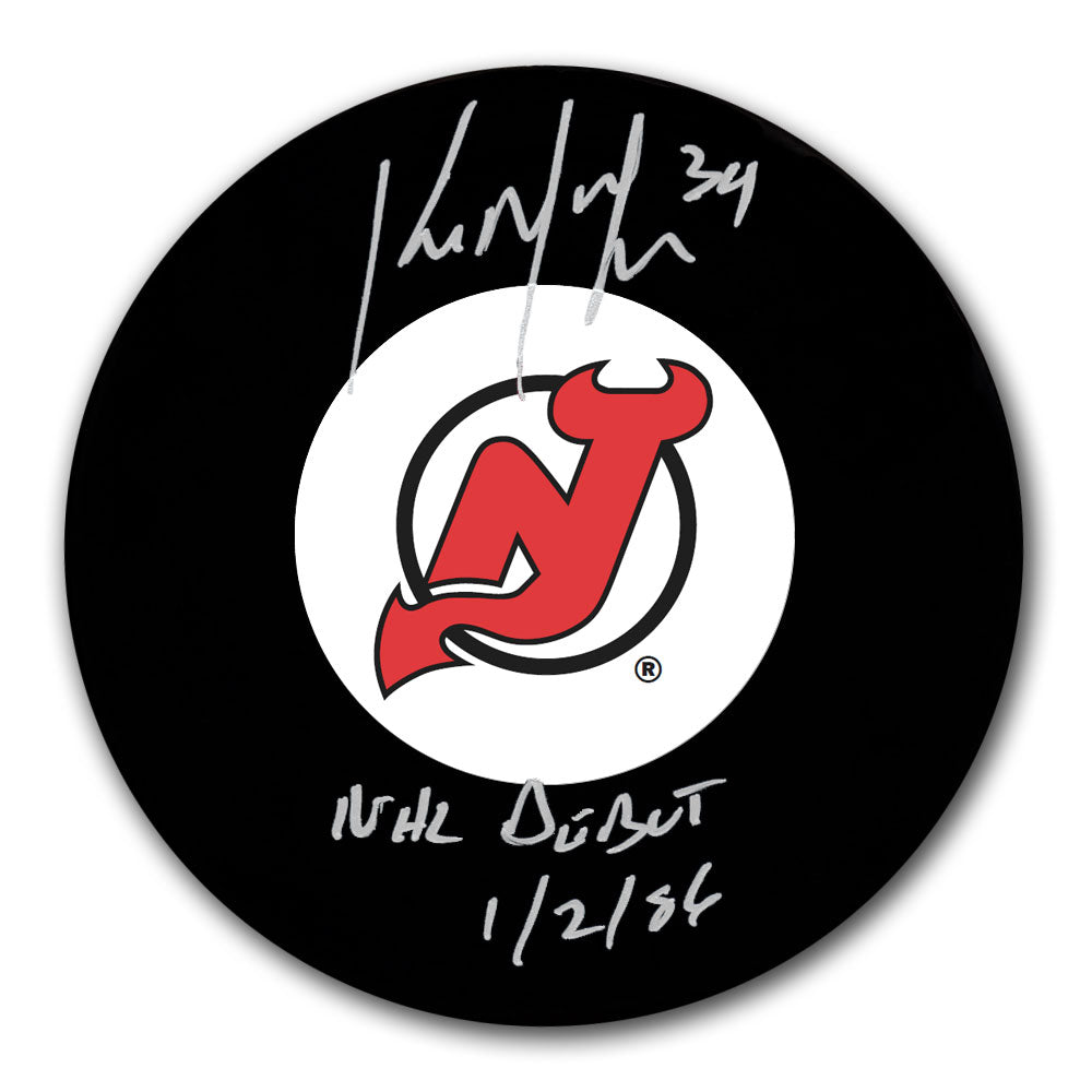 kirk-mclean-autographed-new-jersey-devils-hockey-puck-nhl-debut